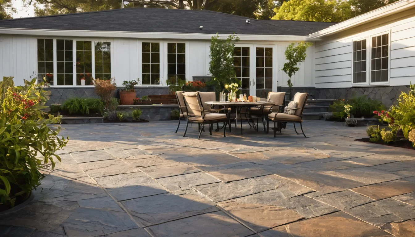 A stamped concrete patio behind a home in the Plano area