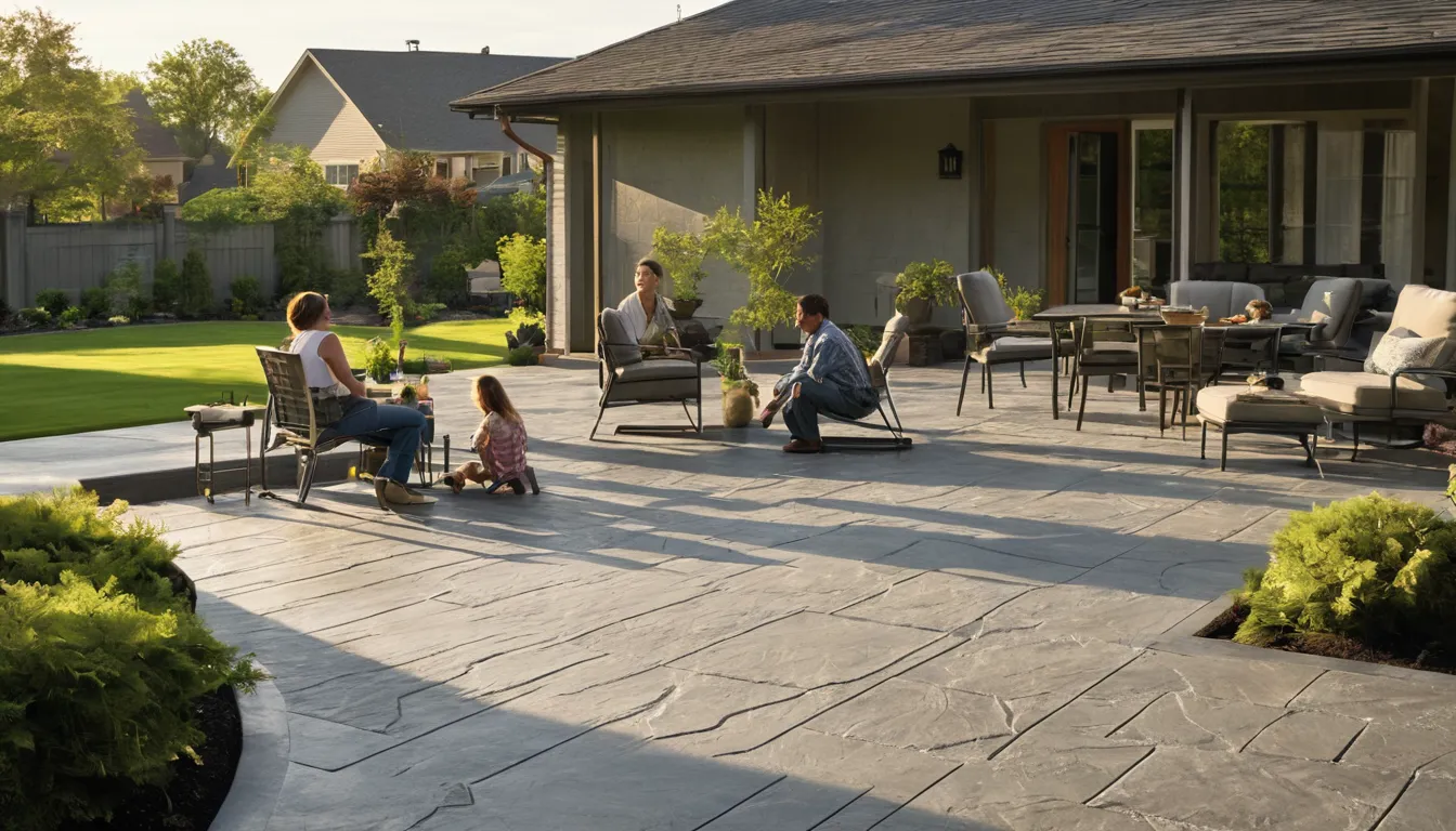 Stamped concrete patio with a stone pattern behind a family home in the Plano area